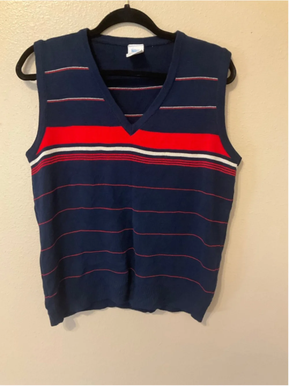 Vintage BHS Medium Navy Red Striped Sweater Vest Preppy Retro